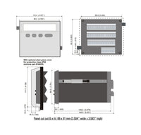 Black on white technical drawing of a rectangular electronic component with dimensions and features labeled.
