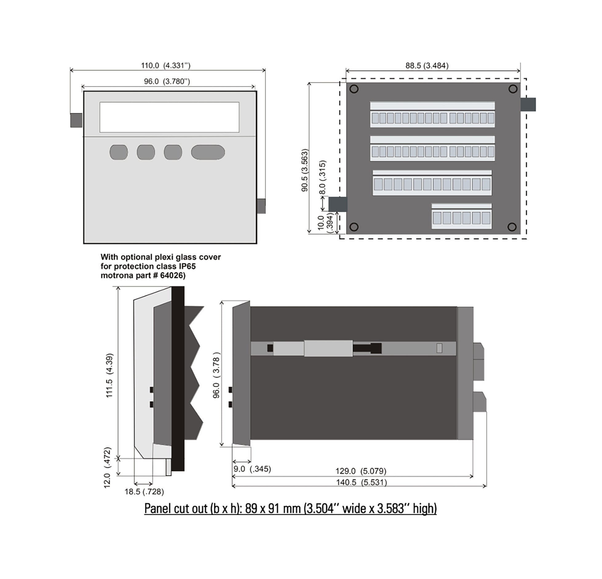 Black on white technical drawing of a rectangular electronic component with dimensions and features labeled.