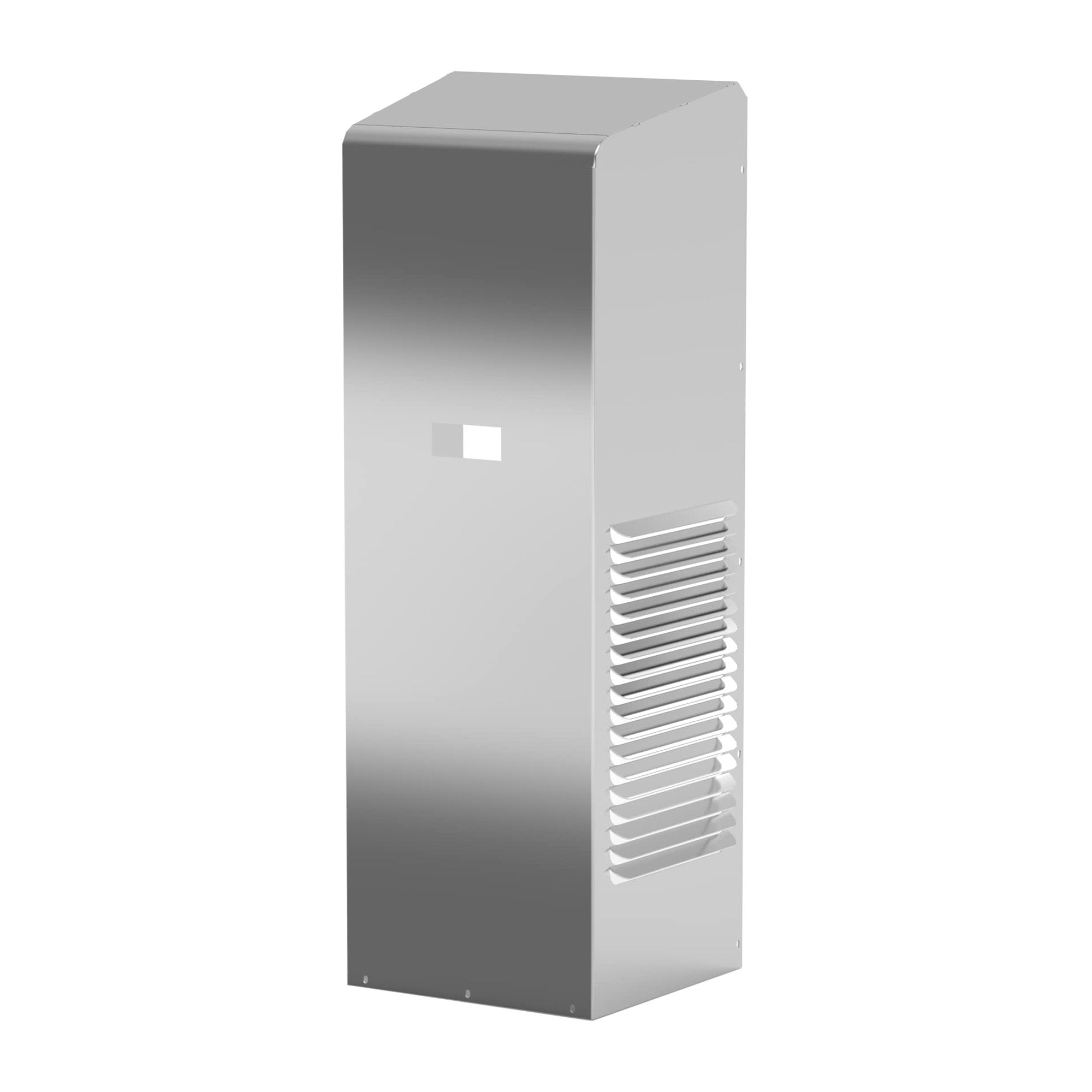 Tall rectangular metal vented air conditioner unit with a brand logo on a white background.