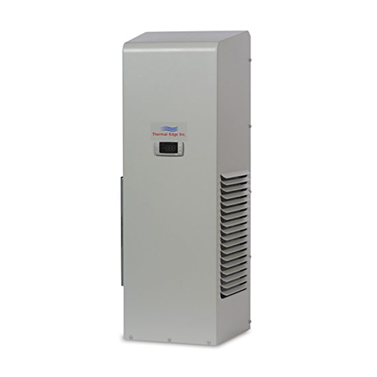 Tall rectangular metal vented air conditioner unit with a brand logo on a white background.