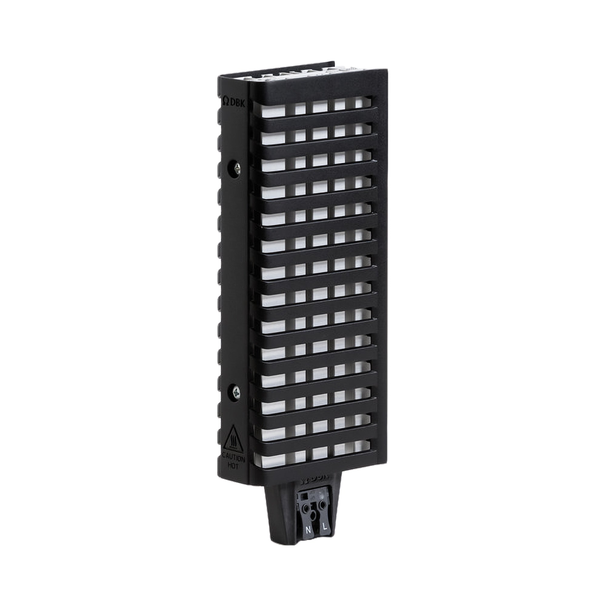 Black rectangular heater with grid design on a white background