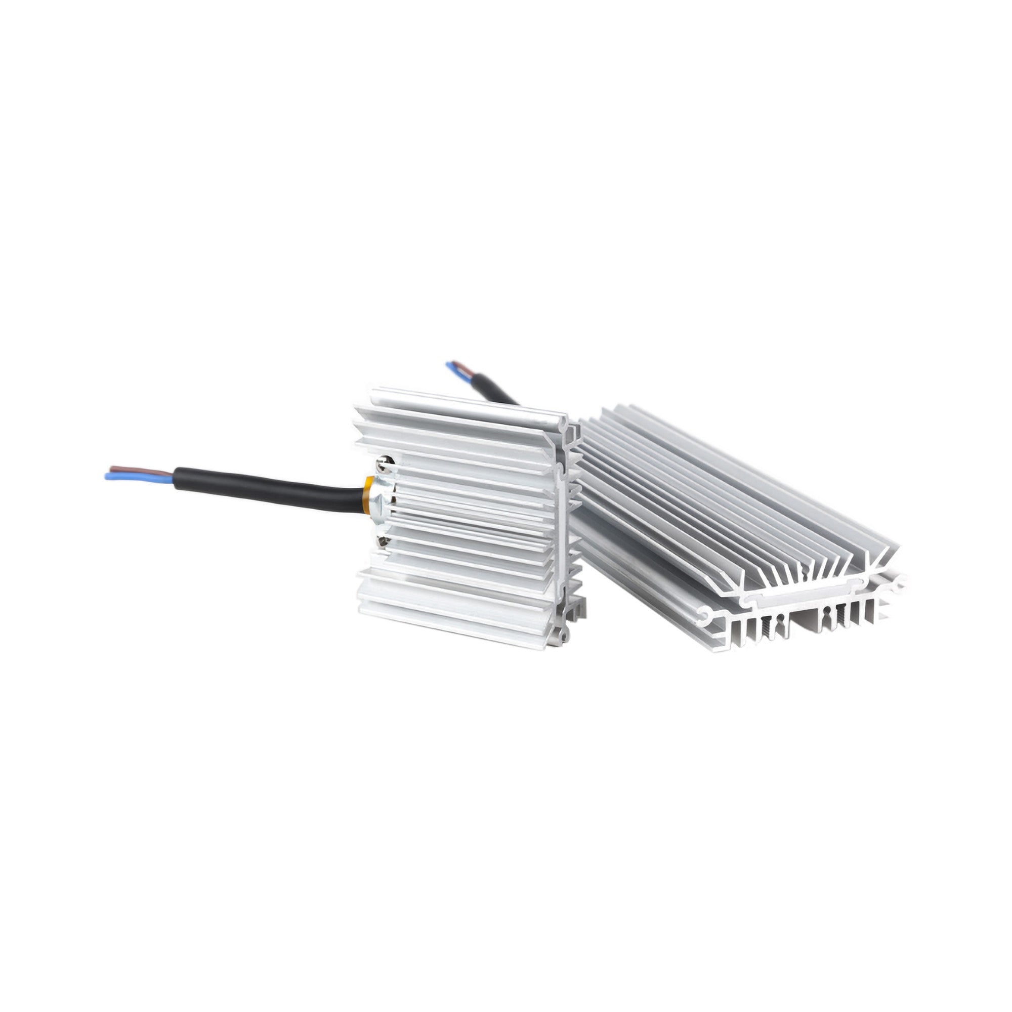 Metallic heat sink with wires on a white background