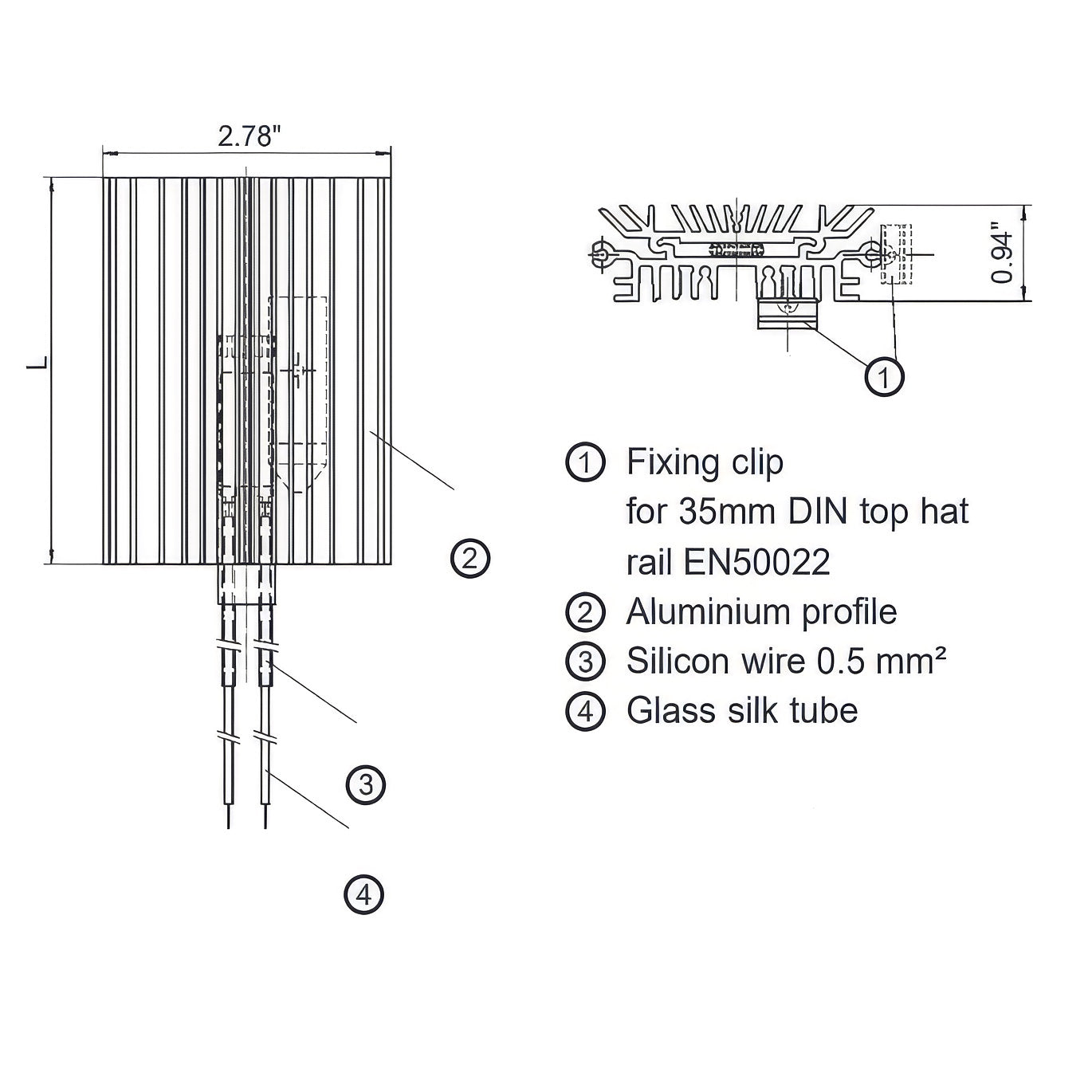 Technical diagram of a component with labeled parts and dimensions