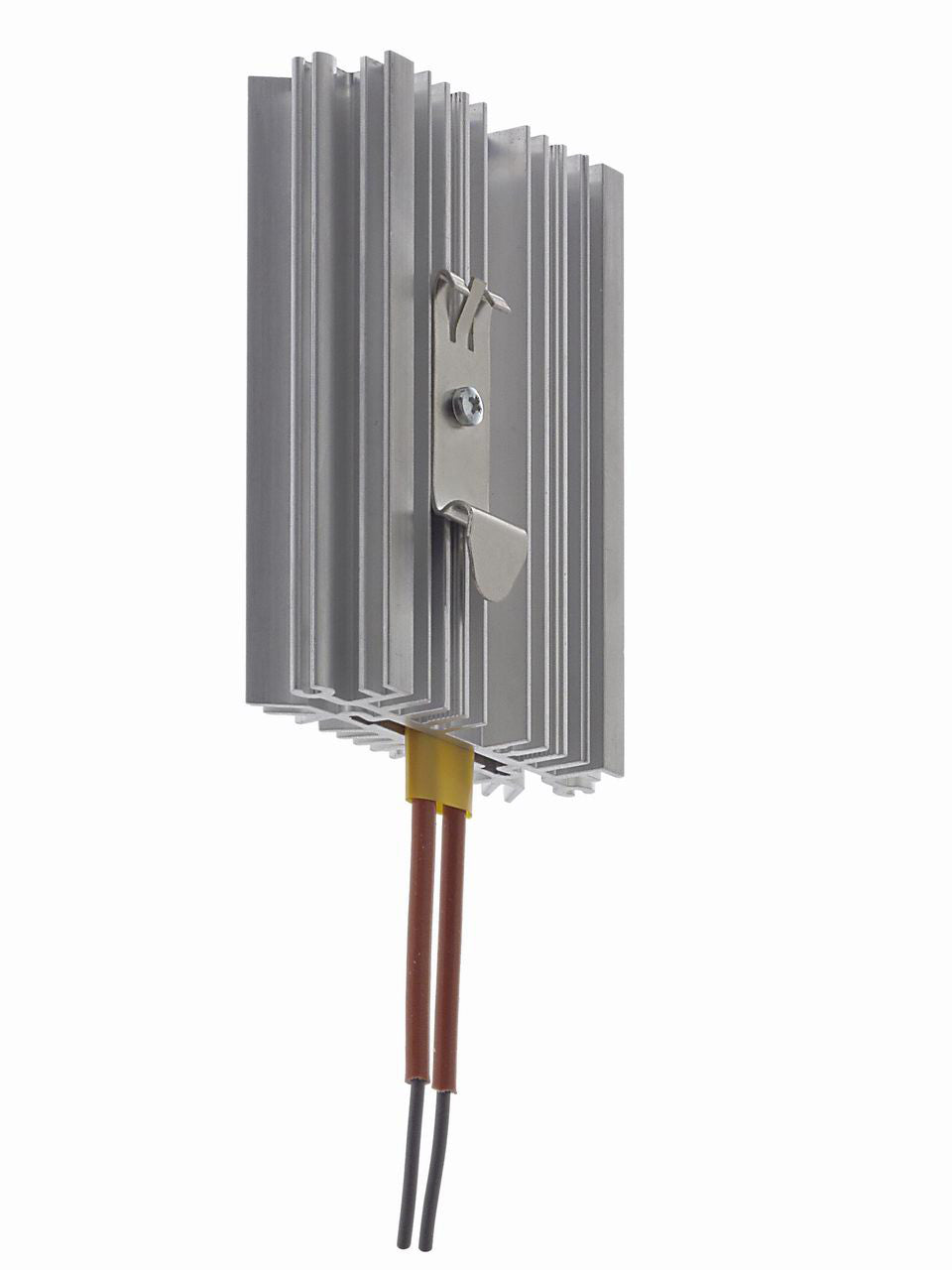 Metallic heat sink with wires on a white background