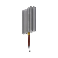 Metal heat sink with two wires on a white background