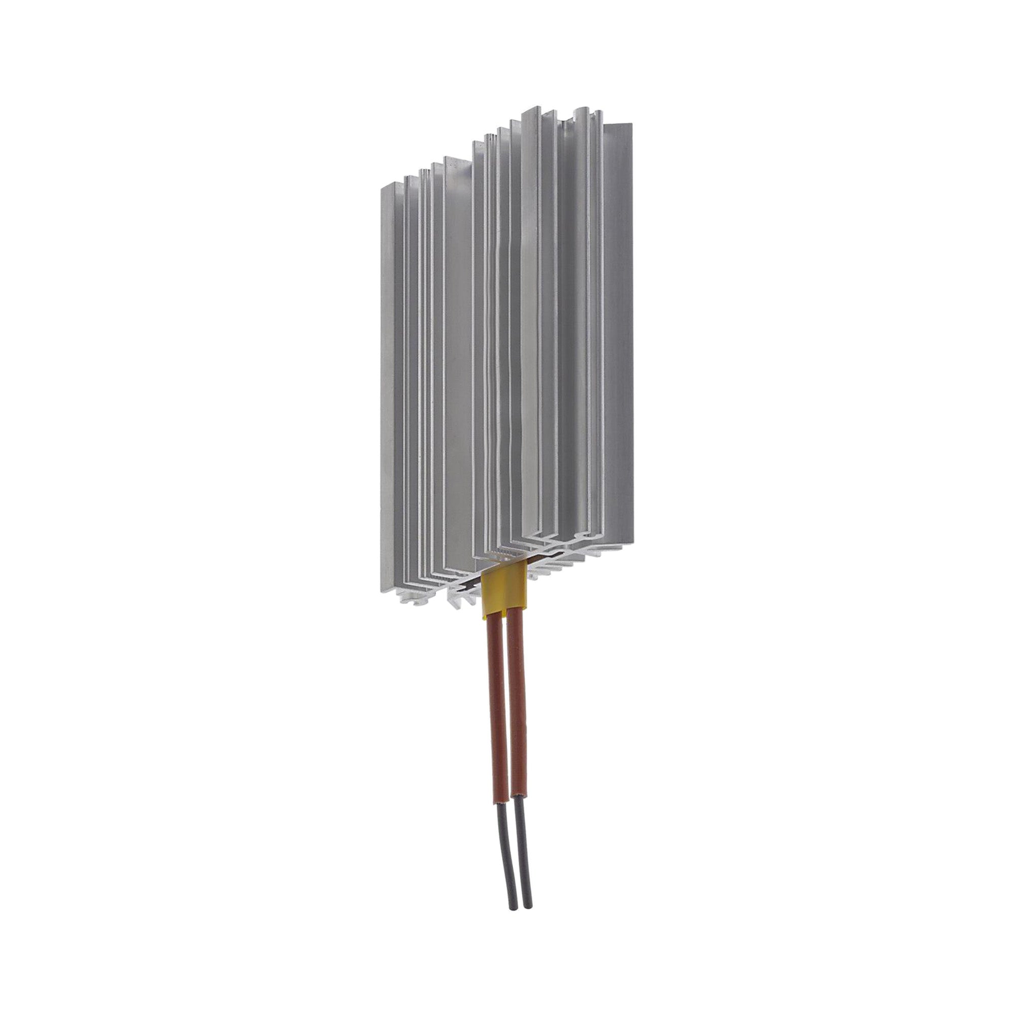 Metal heat sink with two wires on a white background