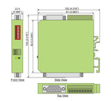 Technical diagram of a green electronic module with dimensions labeled from multiple angles.