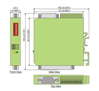 Technical diagram of a green electronic module with dimensions labeled from multiple angles.