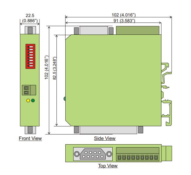 Technical diagram of a green electronic module with dimensions labeled from multiple angles.