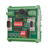 Green electronic control module with various connectors and labels on a white background.