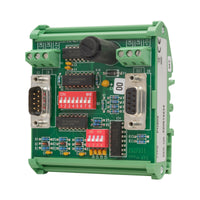 Green electronic control module with various connectors and labels on a white background.