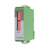 Green electronic module with red LED on a white background
