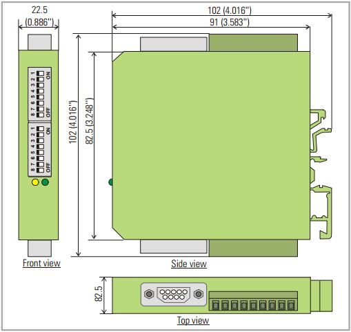 Technical diagram of a green electronic module with dimensions labeled