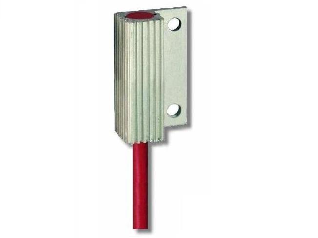 A small PTC enclosure heater with a silver body, red wiring, and a mounting clip.