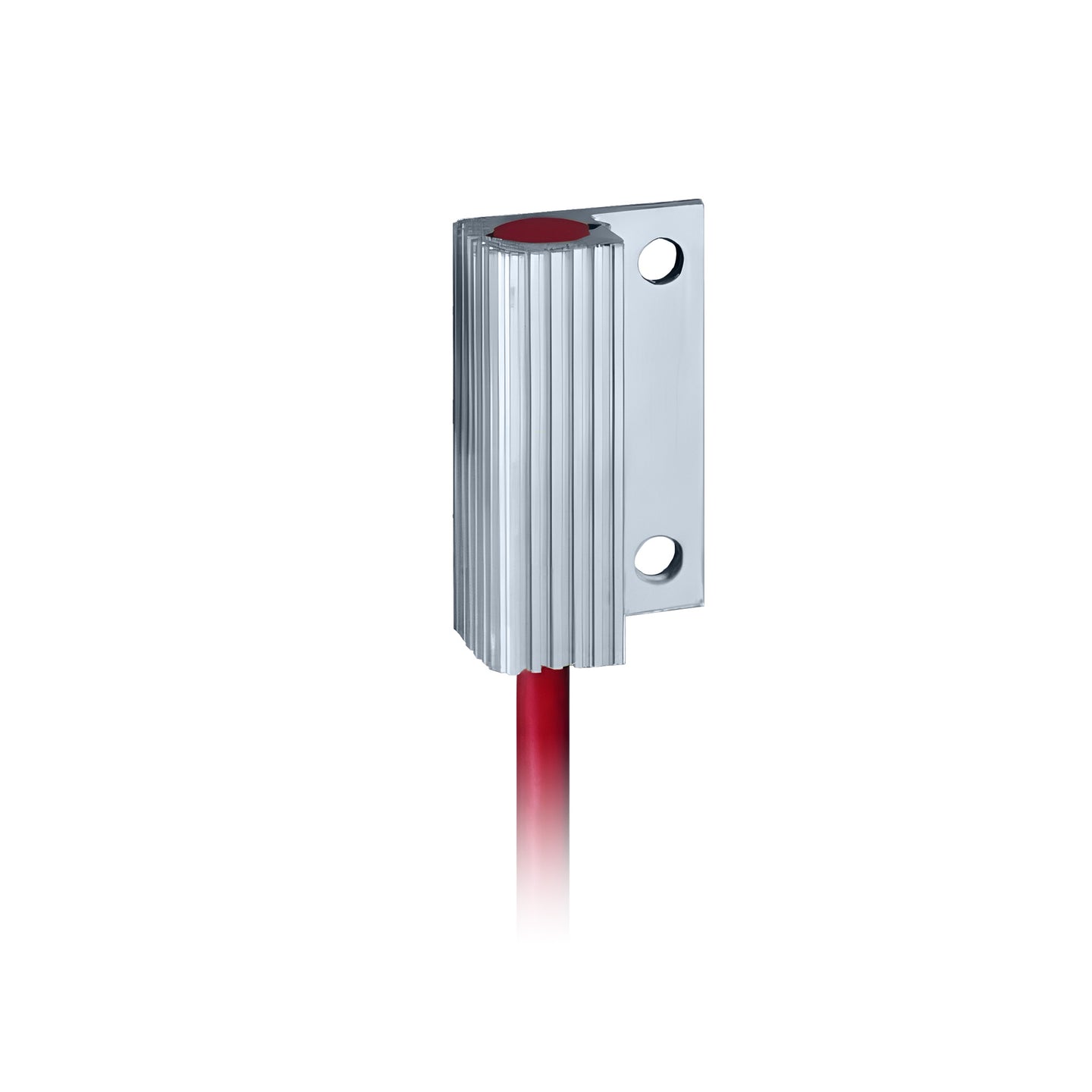 Metallic device with a red light on a white background.