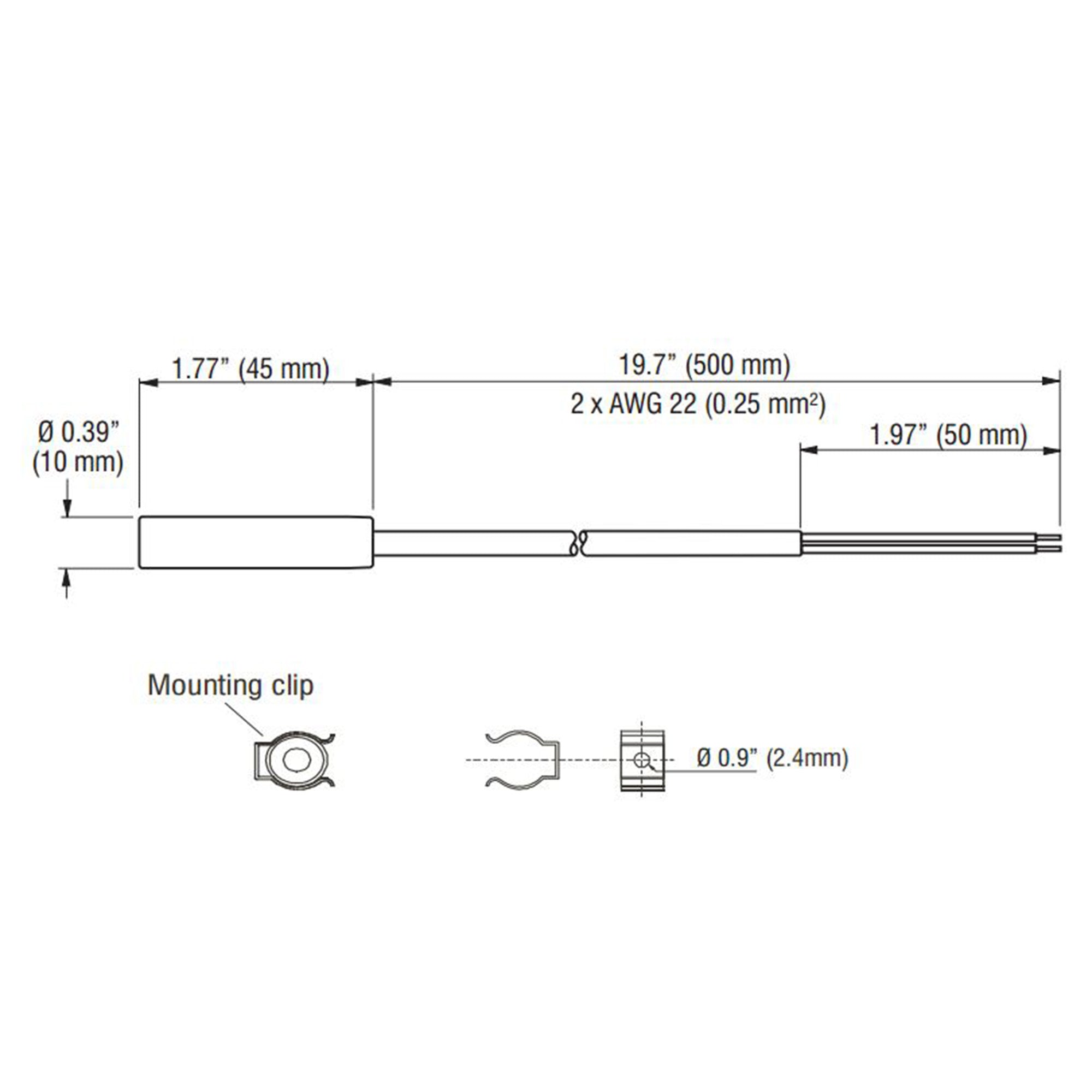 Black on white technical drawing of a cylindrical component with dimensions and specifications.