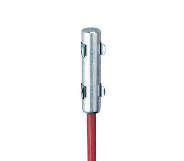 Metal connector with red cable on white background.