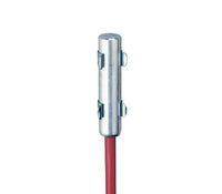 Metal connector with red cable on white background.