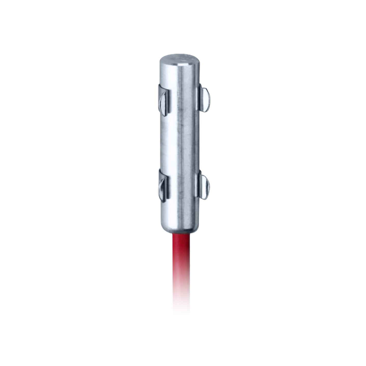 Metallic heater with mounting clips and a red cable on a white background.