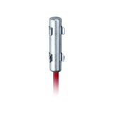 Metallic heater with mounting clips and a red cable on a white background.