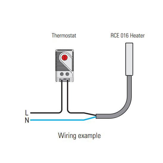 Wiring diagram connecting a thermostat to an RCE 016 heater on a white background.