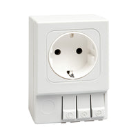 White German/Russian electrical socket with three buttons on a white background