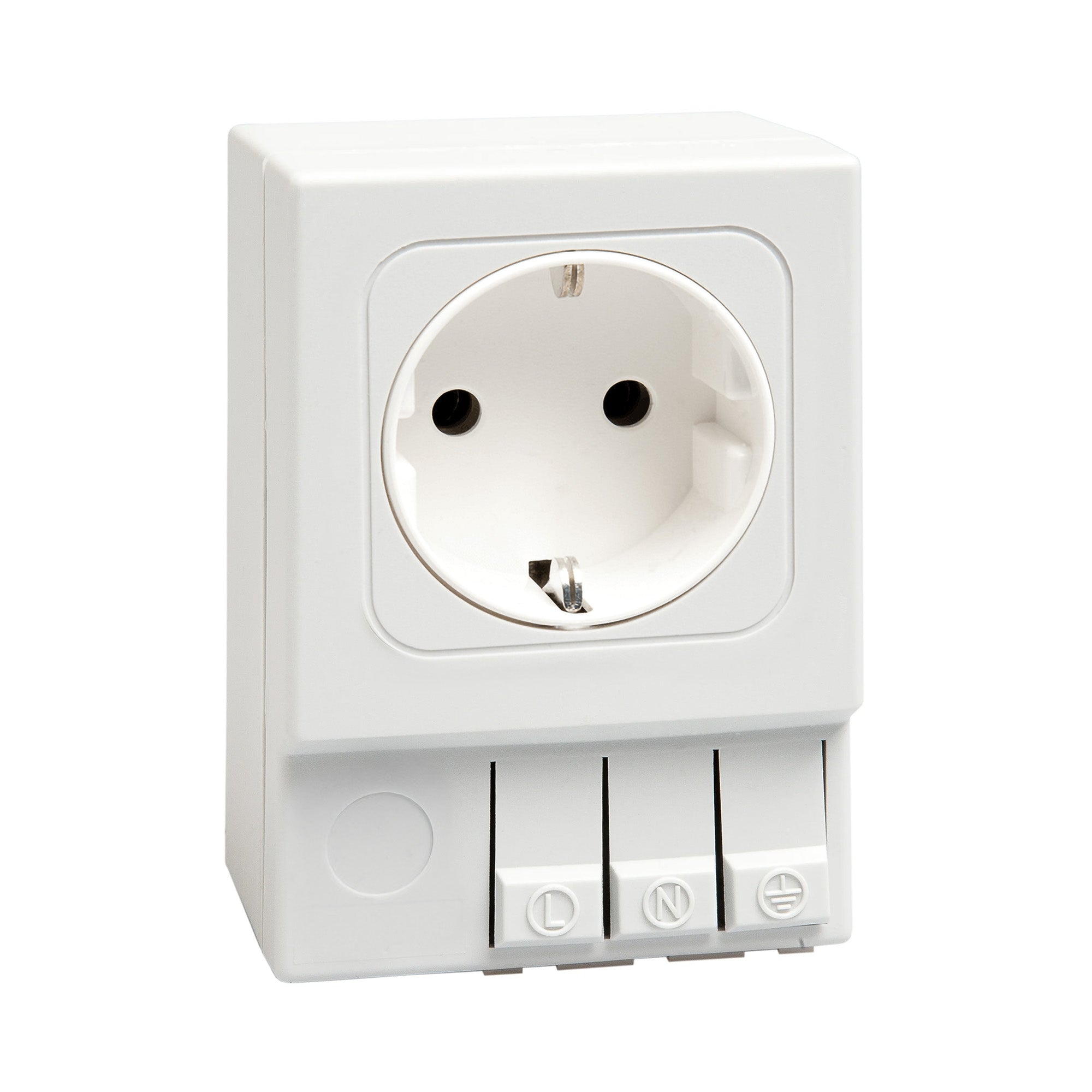 White German/Russian electrical socket with three buttons on a white background