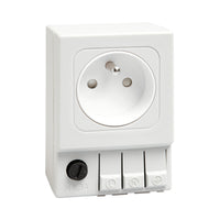 White French/Polish electrical socket with switch on a white background.