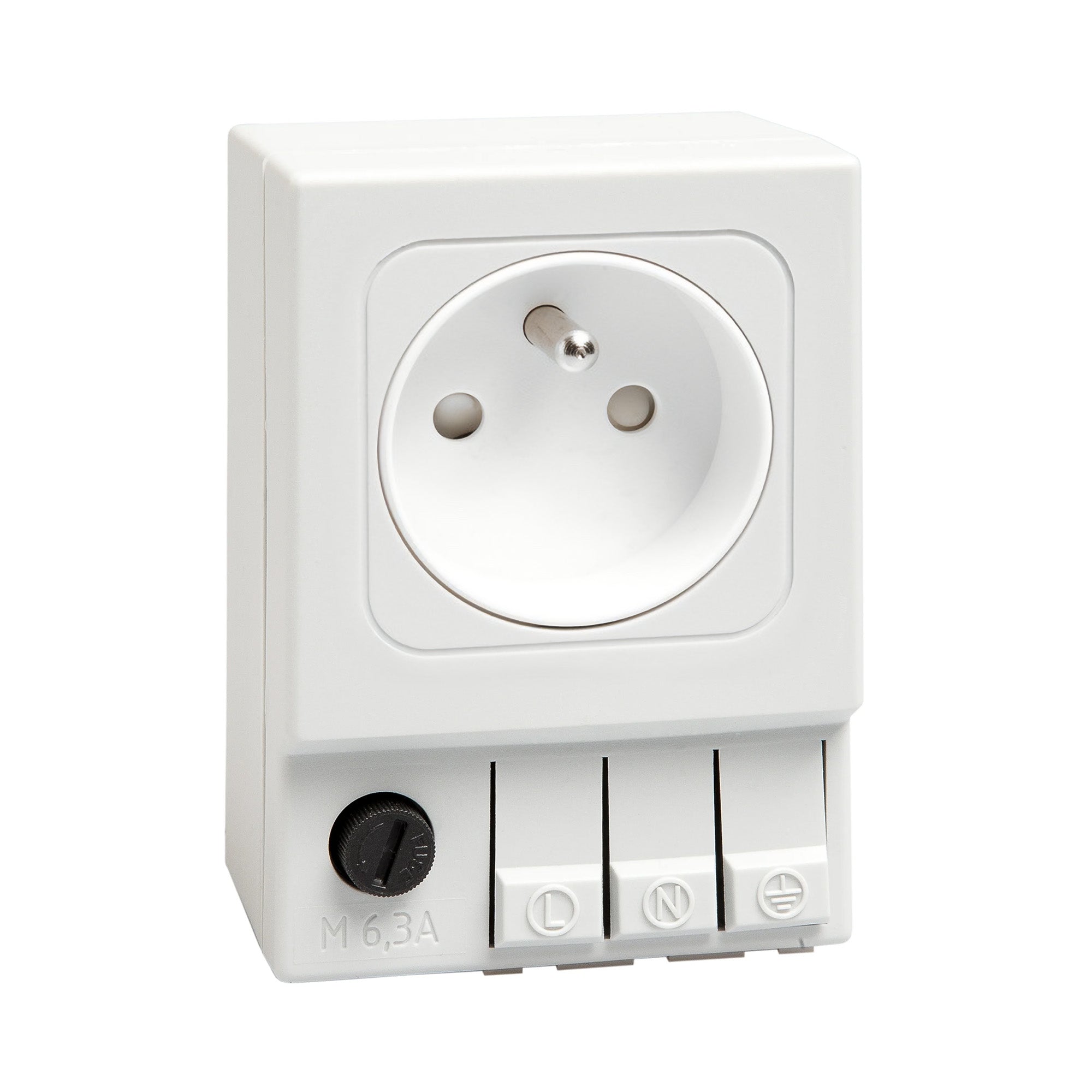White French/Polish electrical socket with switch on a white background.
