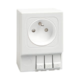 White French/Polish electrical socket with three buttons on a white background