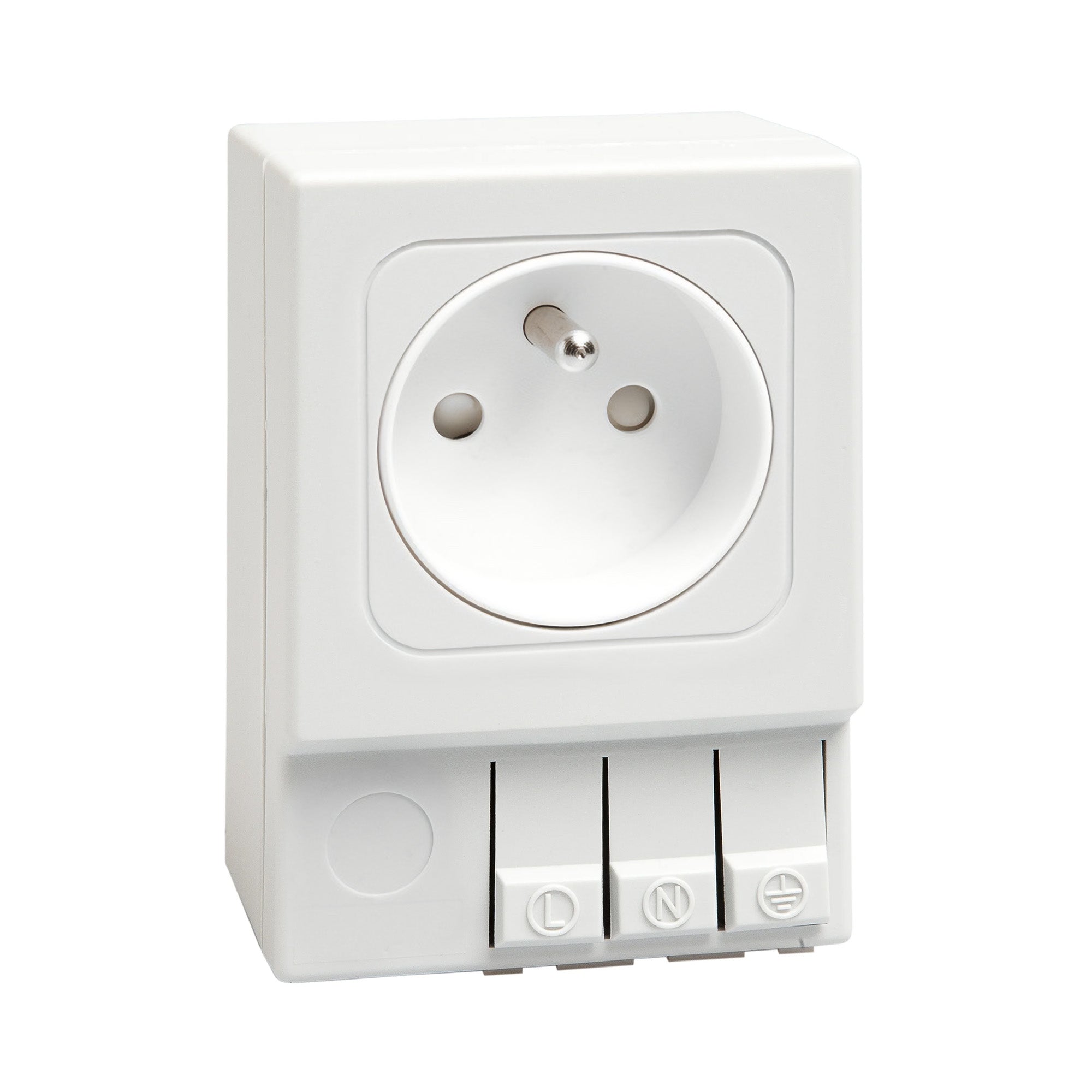 White French/Polish electrical socket with three buttons on a white background