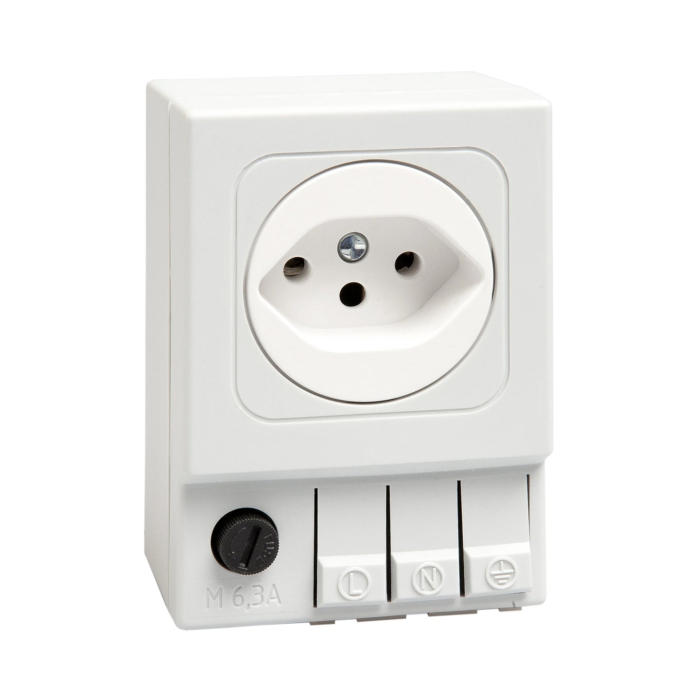 White Swiss electrical socket with a switch on a white background