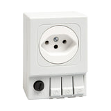 White Swiss electrical socket with a switch on a white background
