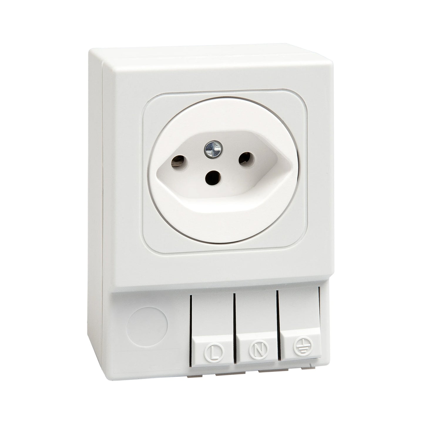 White Swiss electrical socket with three buttons on a white background