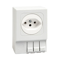 White Swiss electrical socket with three buttons on a white background