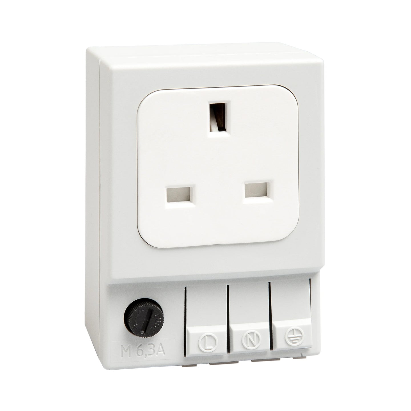 White UK/Irish electrical socket with switch on a white background
