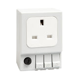 White UK/Irish electrical socket with switch on a white background