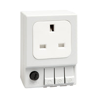 White UK/Irish electrical socket with switch on a white background