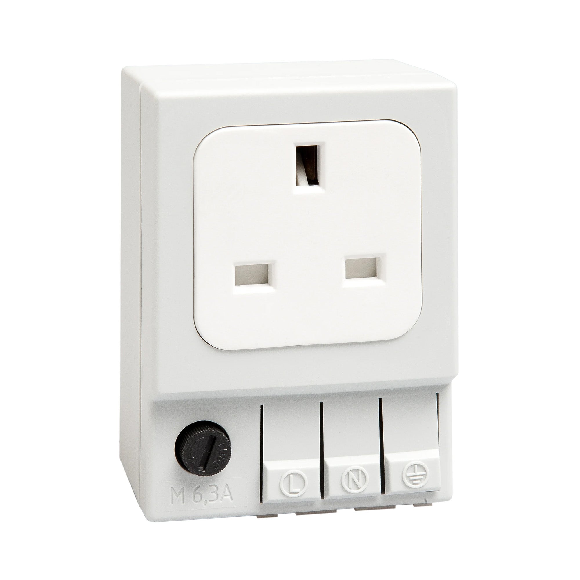 White UK/Irish electrical socket with switch on a white background