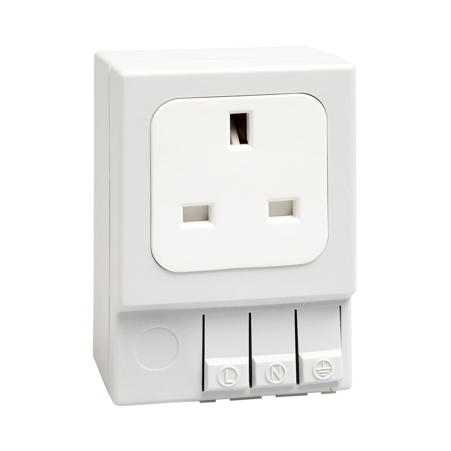 White UK/Irish electrical socket with three buttons on a white background