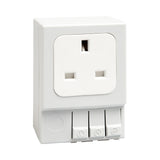 White UK/Irish electrical socket with three buttons on a white background