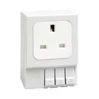 White UK/Irish electrical socket with three buttons on a white background