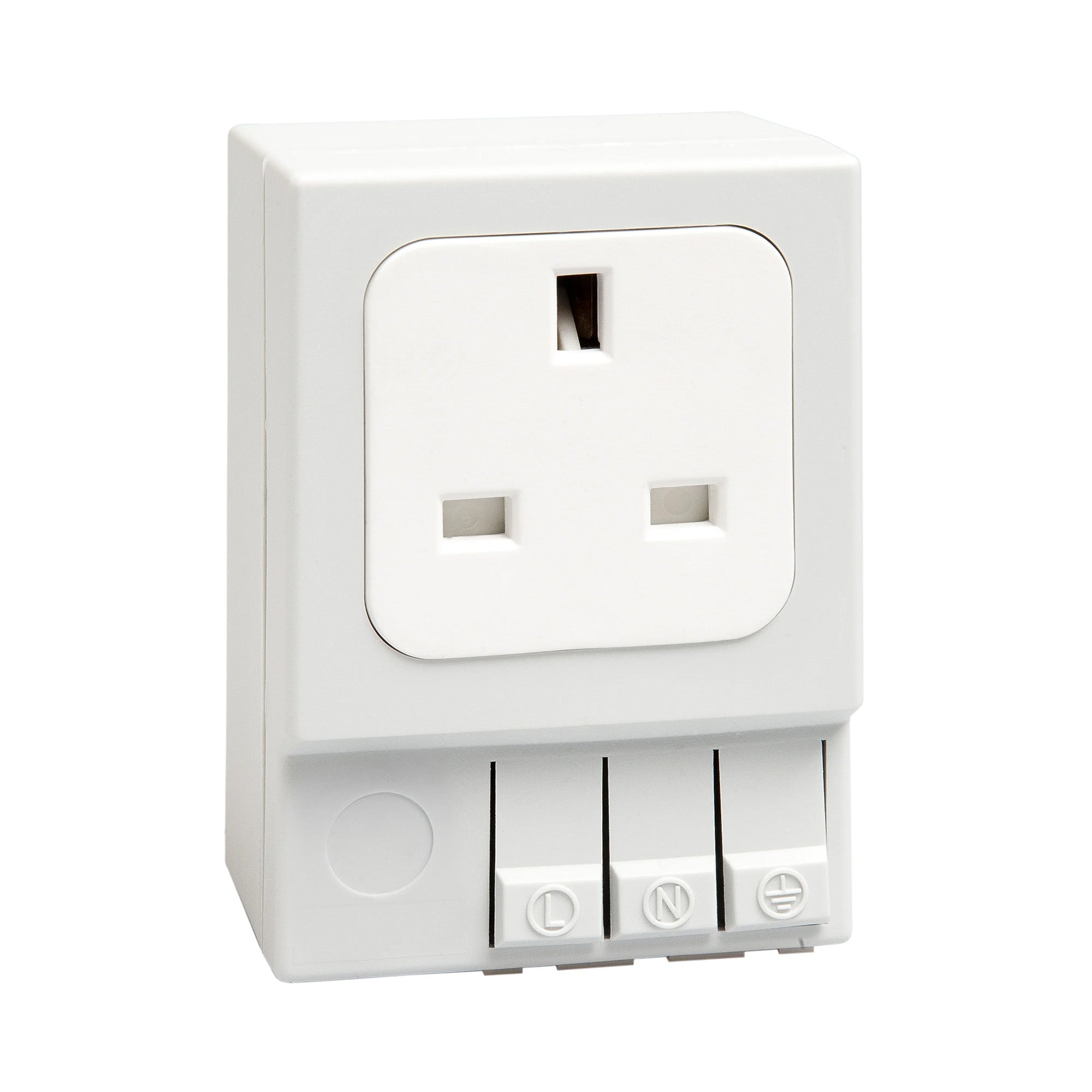 White UK/Irish electrical socket with three buttons on a white background