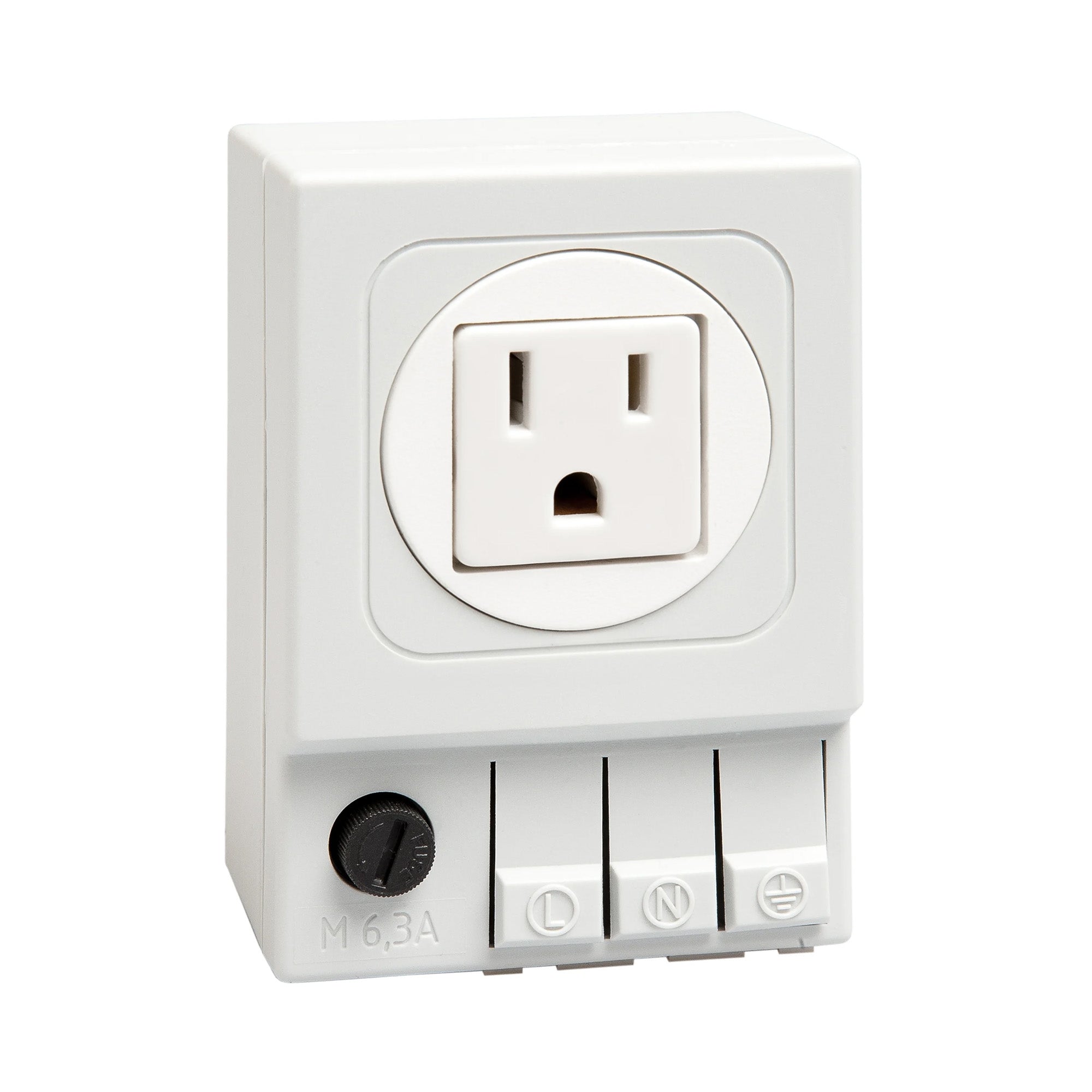 White American-Style electrical outlet with fuse holder on a white background