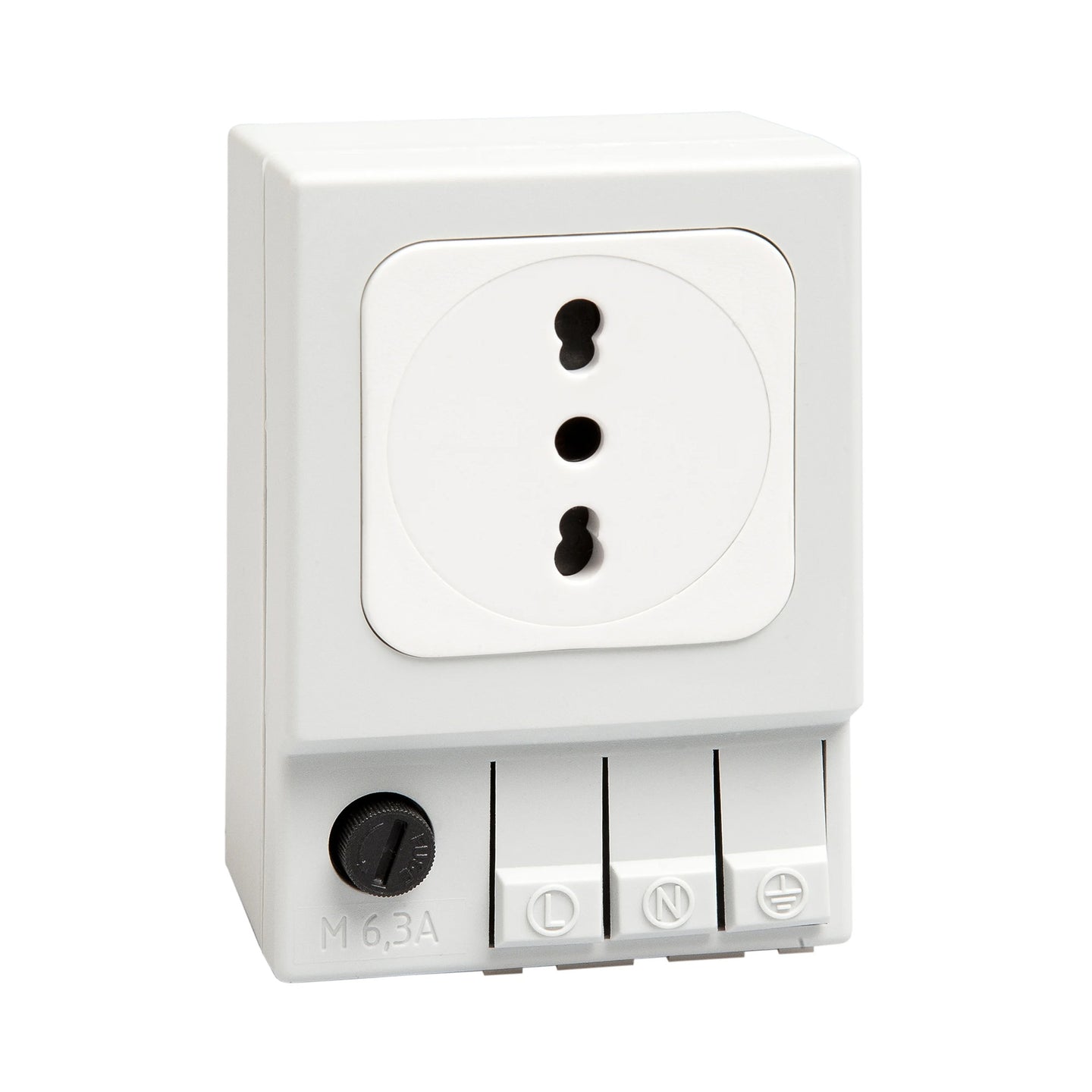 White Italian electrical socket with black components on a white background