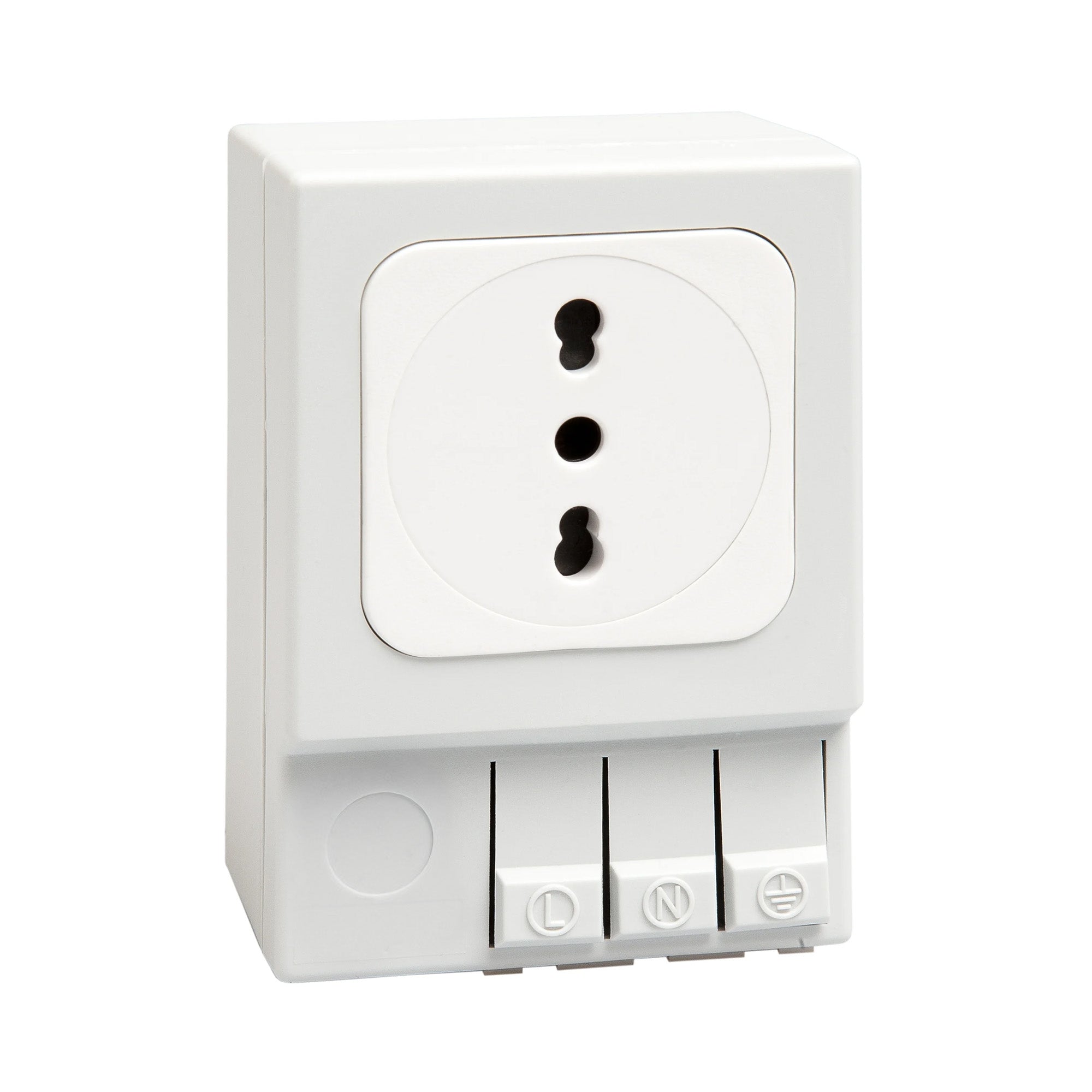 White Italian electrical socket with three sockets on a white background