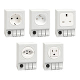 Five white electrical outlets with multiple sockets with fuse holders on a white background