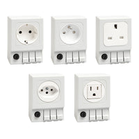 Five white electrical outlets with multiple sockets with fuse holders on a white background