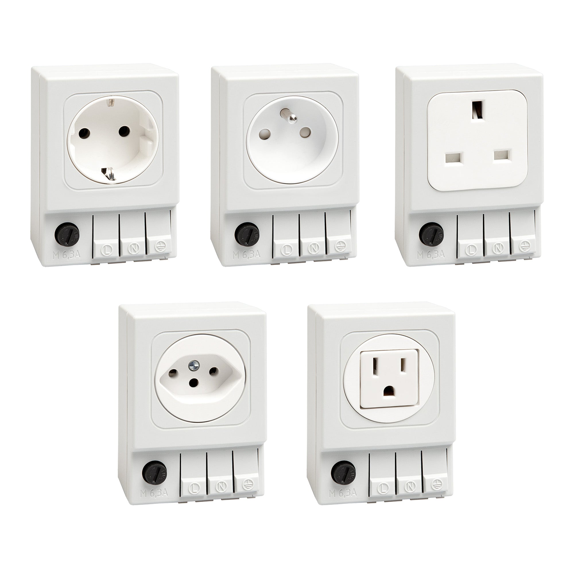 Five white electrical outlets with multiple sockets with fuse holders on a white background