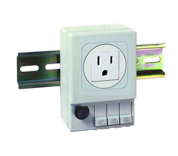 White American-Style electrical outlet with fuse holder on DIN rail with a white background.